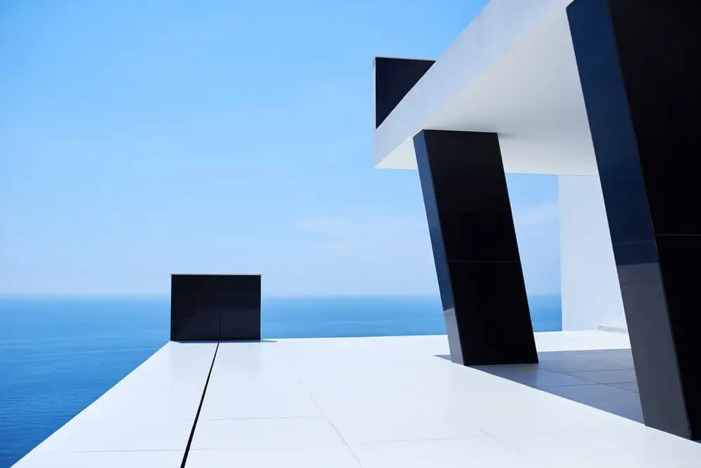 External view of a contemporary house modern villa at sunset